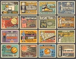 Basketball sport players with balls, basket, hoop vector