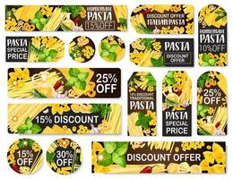 Pasta food, store discount tags and labels vector