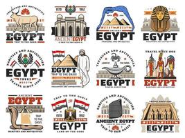 Ancient Egypt pyramid, god, map and flag icons vector