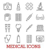 Vector line icons of medical pills and medicines