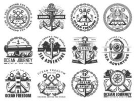 Nautical anchors, rope, chains, sea ship compass vector