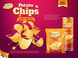 Potato chips bag and tube box. Snack food packages vector