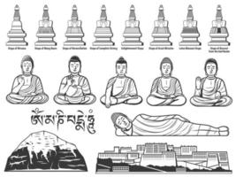 Buddhism religion Buddha statue and stupa sketches vector