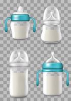 Breastfeeding, baby milk bottles isolated icons vector