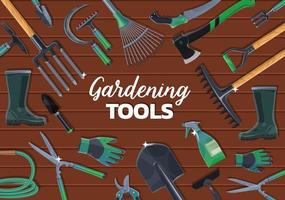 Garden spade, fork, trowel, rake gardening tools vector
