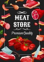 Meat store sausages, butchery delicatessen vector