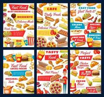 Fast food pizza, hamburger, fries, hot dog, soda vector