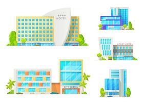 Hotel buildings with trees and cars isolated icons vector