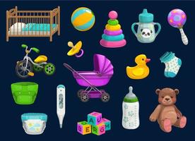 Baby bottle, toy, rattle, stroller, pacifier icons vector