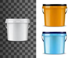 Bucket mockups. White, orange, blue pails and lids vector