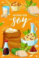 Natural soy food meals and soybean products vector