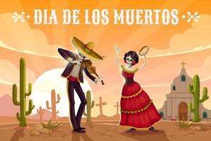 Skeletons dancing on cemetery. Mexican Day of Dead vector