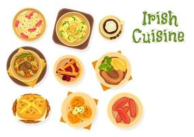 comida irlandesa de carne y verduras, pan, pastel de cereza vector