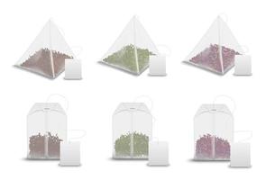 Tea bag pyramids, teabag tags realistic mockups