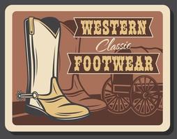 afiche retro del salvaje oeste, calzado de vaquero occidental