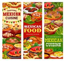 pancartas de comida mexicana de carne, vegetales y pescado vector