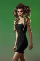 Cute adult female in black dress and creative hairstyle on green background photo