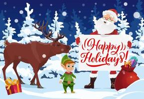 Santa with Christmas card, Xmas gift, deer and elf vector