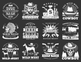 Western saloon, cowboy. Wild west isolated icons