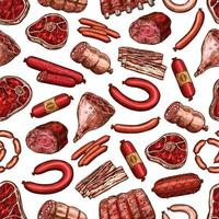 Meat seamless pattern of beaf steak, pork, sausage vector