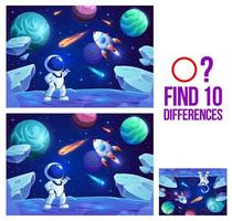 Find ten differences game with cartoon astronaut vector