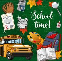 Time to school lettering, stationery supplies, bus vector