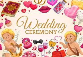 Invitation on wedding ceremony. Cupids, love signs vector