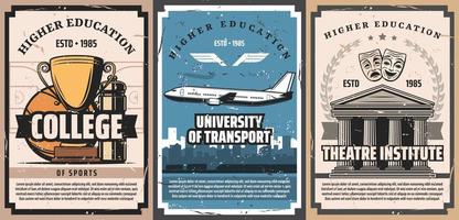 University building, sport trophy, plane posters vector