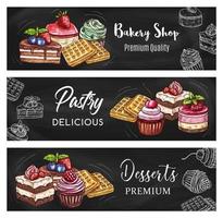 pancartas de pizarra de postres y pasteles de pastelería vector