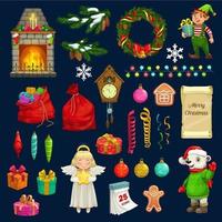 Christmas gifts, Xmas tree wreath, Santa bag icons vector
