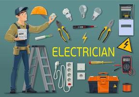 electricista con medidor de electricidad y herramientas de trabajo vector