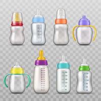 Milk bottles with pacifiers mockups isolated icons vector