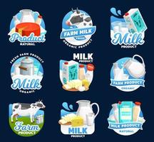Dairy food icons, milk, cream, cheese and butter vector