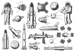 astronomía y espacio ultraterrestre, iconos de lanzaderas de cohetes vector