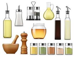 Seasonings and dressings salt pepper glass bottles vector