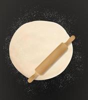 Rolling pin, dough and flour vector