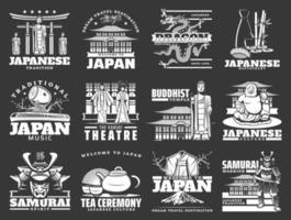 Japanese culture, Japan travel landmarks icons vector