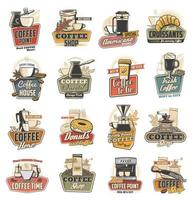 iconos de taza de café, taza, máquina de espresso y frijol vector