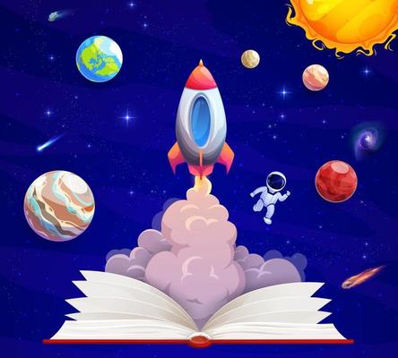School book with rocket launch and space landscape