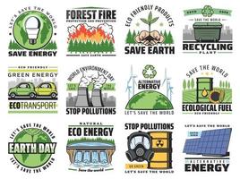 Save nature, stop environment pollution eco icons vector