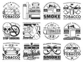 Cigarette pack, cigar, pipe, tobacco leaf icons vector