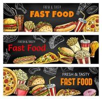 Sketch banners, fast food burgers and sandwiches vector