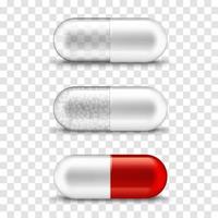 Pill capsule, 3d realistic red and transparent vector