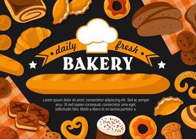 Bread, baguette, cakes and donut with baker hat vector