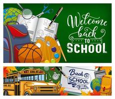 Back to school note in book. Bus and stationery vector