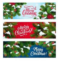 Christmas tree and holly with snow. Xmas banners vector