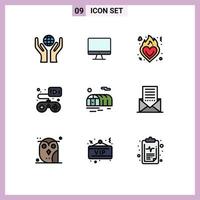 Mobile Interface Filledline Flat Color Set of 9 Pictograms of greenhouse farming love video game game Editable Vector Design Elements