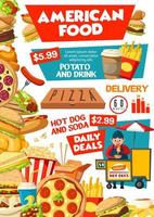 Fast food restaurant menu of junk meal, drinks vector