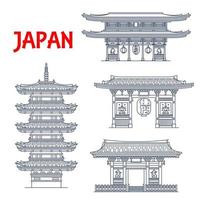Japanese buddhist temple, pagoda and gate icons vector