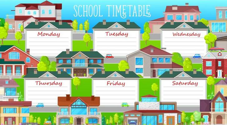 School timetable template with cartoon buildings